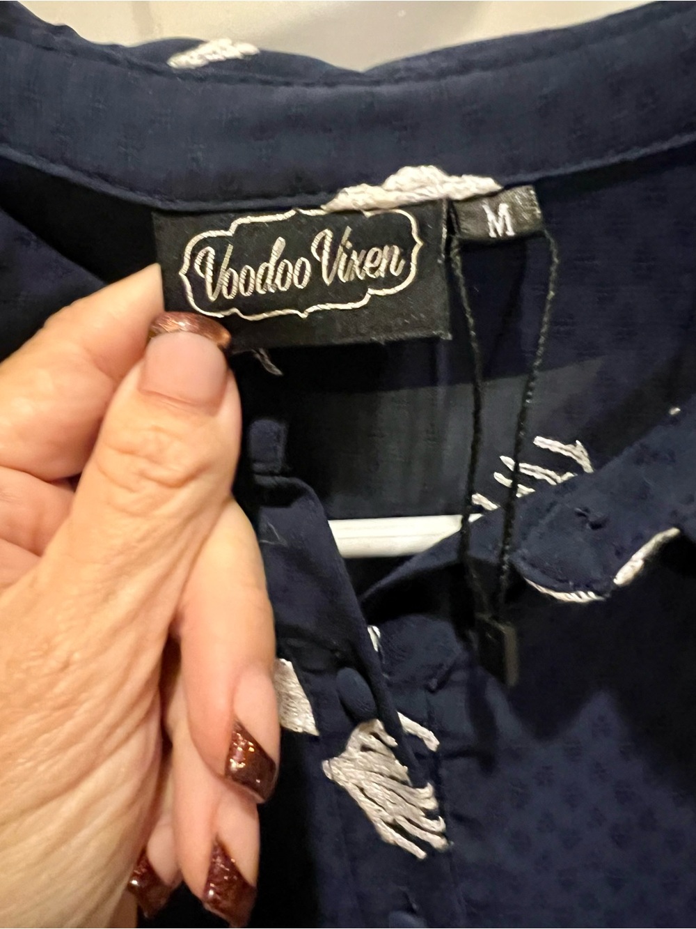 Voodoo Vixen Navy Dress with White Embroidery